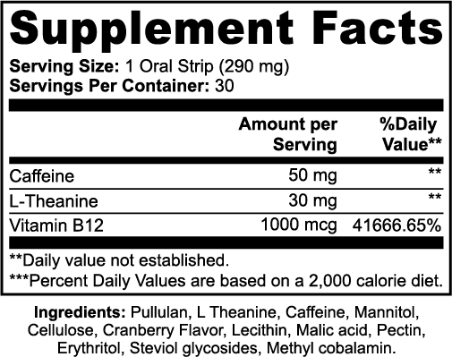 GTVT QuickCharge Cranberry Energy Strips with Green Tea Caffeine L-Theanine and Vitamin B12