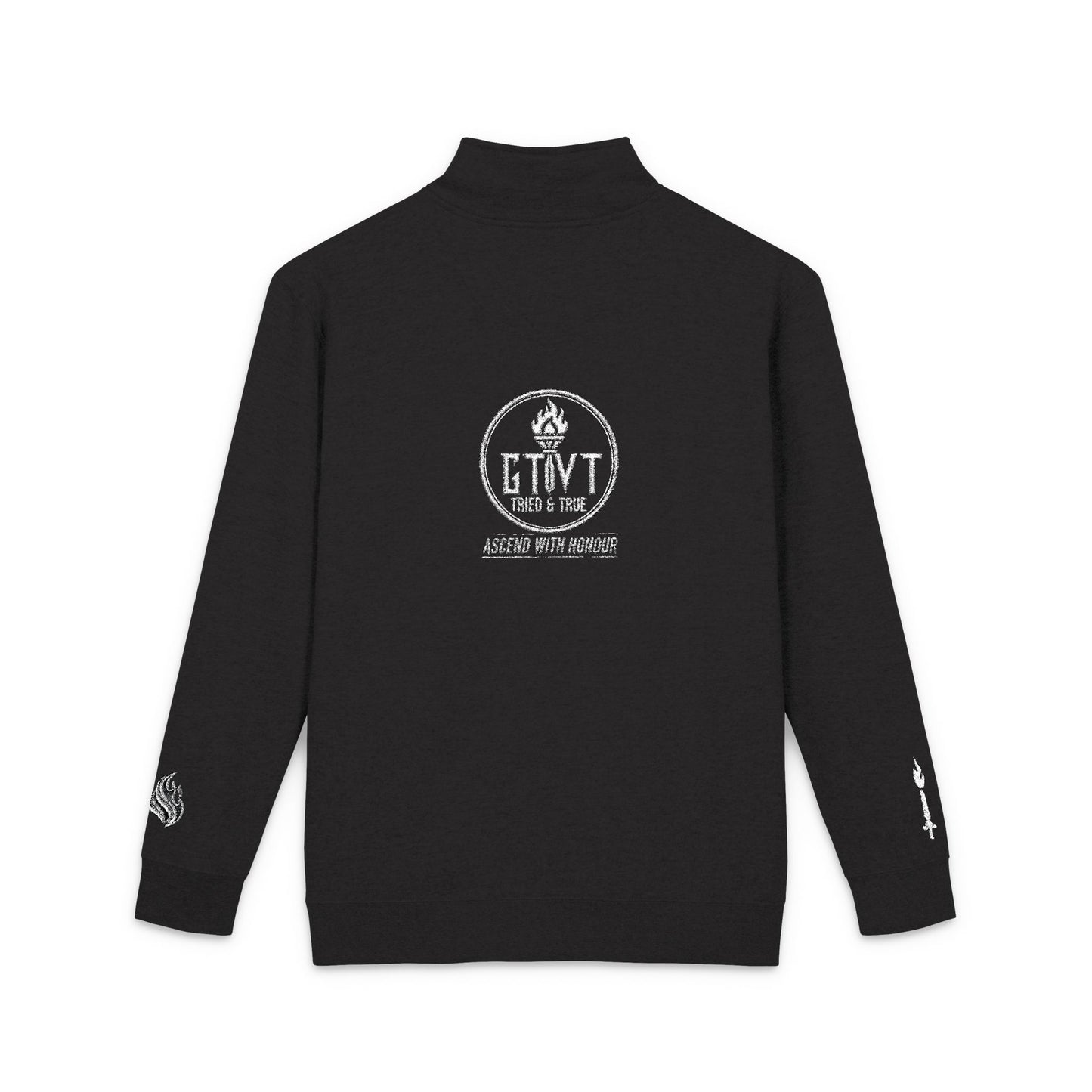 Back of GTVT Fleece Pullover featuring Olympic Style GTVT Logo and Torch Design