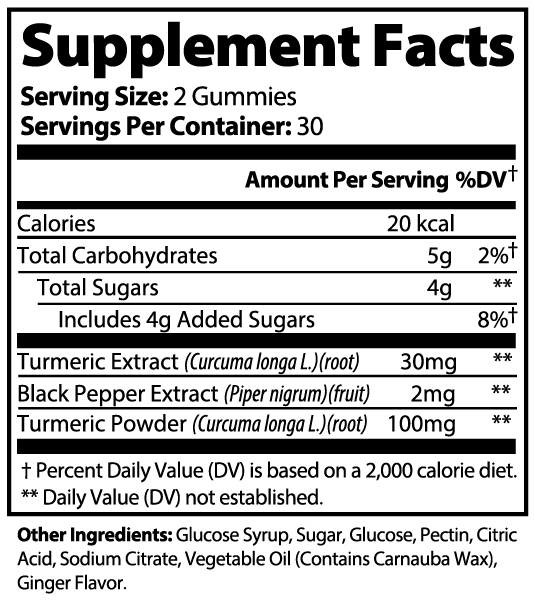 Supplement Facts label for RootChews Turmeric Gummies showing a serving size of 2 gummies with 30 servings per container. Each serving contains 20 calories, 5g Total Carbohydrates, and 4g Total Sugars (including 4g added sugars). Key active ingredients include 100mg Turmeric Powder, 30mg Turmeric Extract, and 2mg Black Pepper Extract. Other ingredients listed are Glucose Syrup, Sugar, Glucose, Pectin, Citric Acid, Sodium Citrate, Vegetable Oil with Carnauba Wax, and Ginger Flavor.