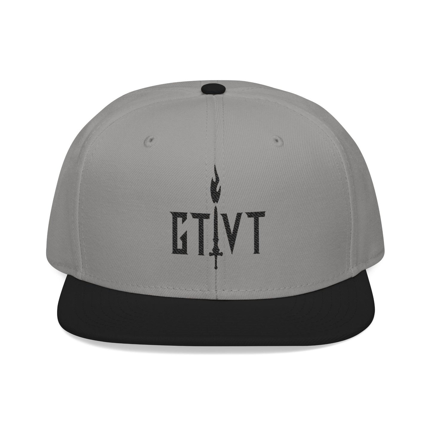 GTVT Classic Black Snapback hat, structured 6-panel high-profile design with white embroidered GTVT sword and flame logo.