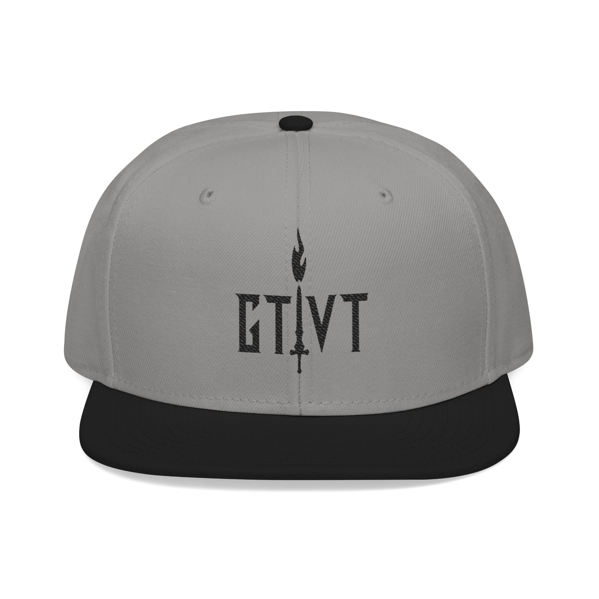GTVT Classic Black Snapback hat, structured 6-panel high-profile design with white embroidered GTVT sword and flame logo.