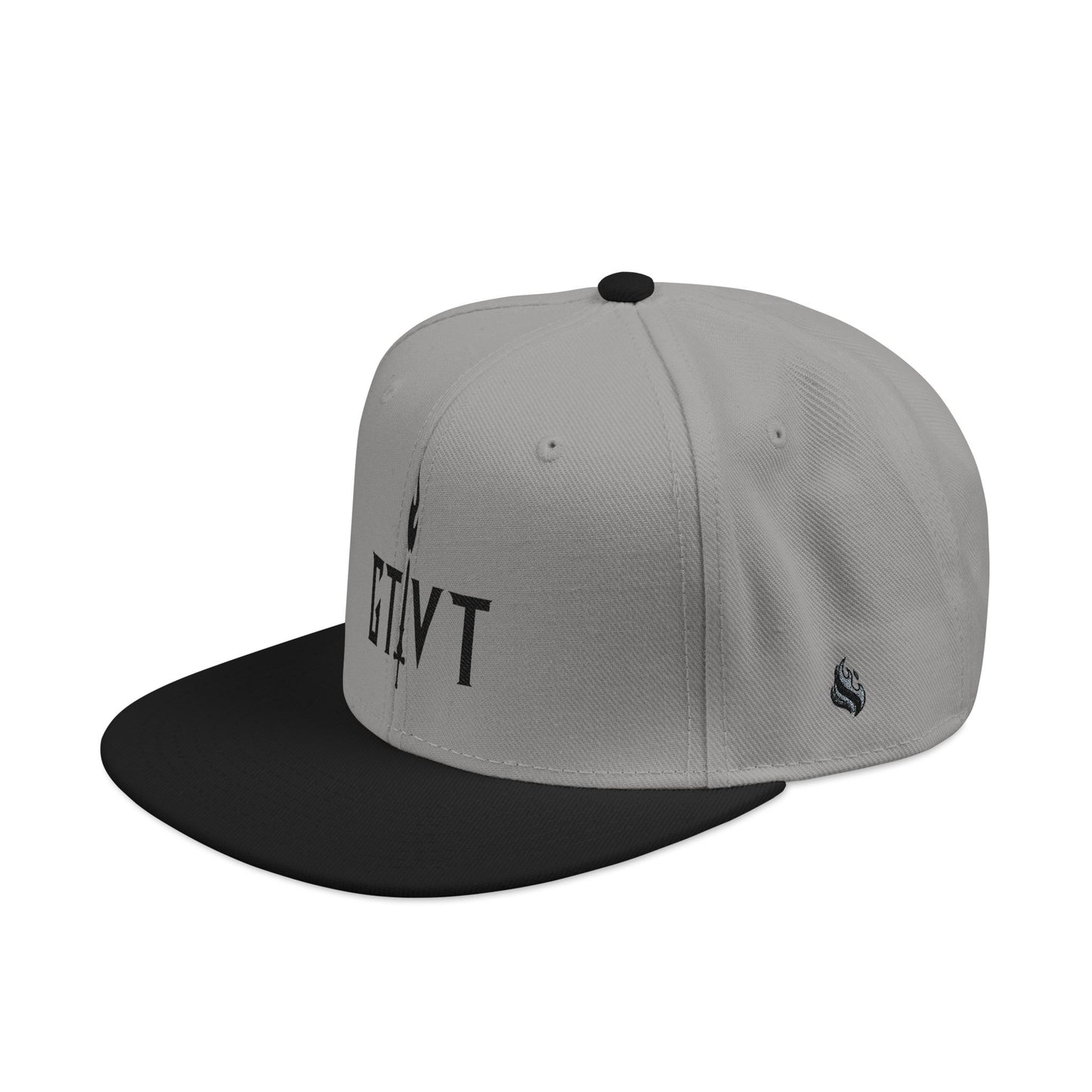 GTVT Classic Black Snapback hat, structured 6-panel high-profile design with white embroidered GTVT sword and flame logo.