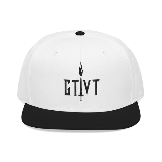 GTVT Classic Black Snapback hat, structured 6-panel high-profile design with white embroidered GTVT sword and flame logo.