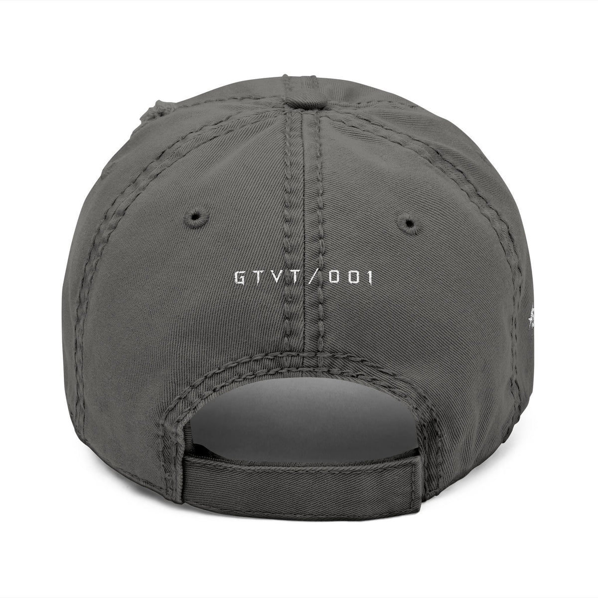 Back view of GTVT ASCEND SERIES distressed dad hat showing adjustable hook-and-loop closure and cotton twill construction