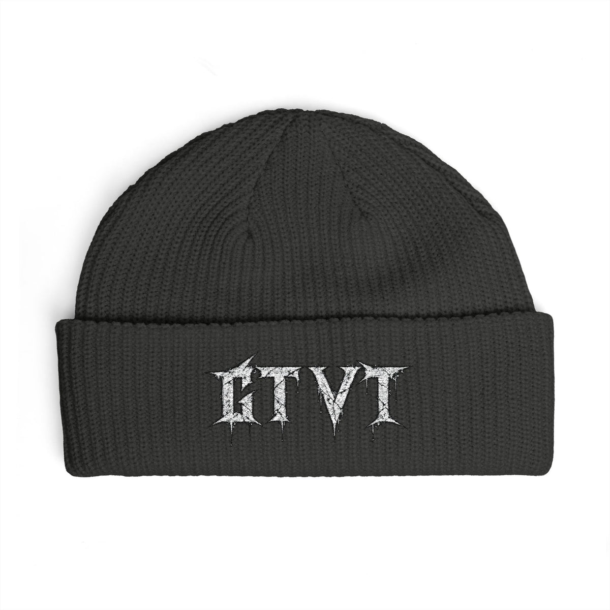 GTVT ASCEND SERIES Gothic embroidered cuff beanie with distressed metal-inspired logo and wide ribbed knit, front view - Charcoal