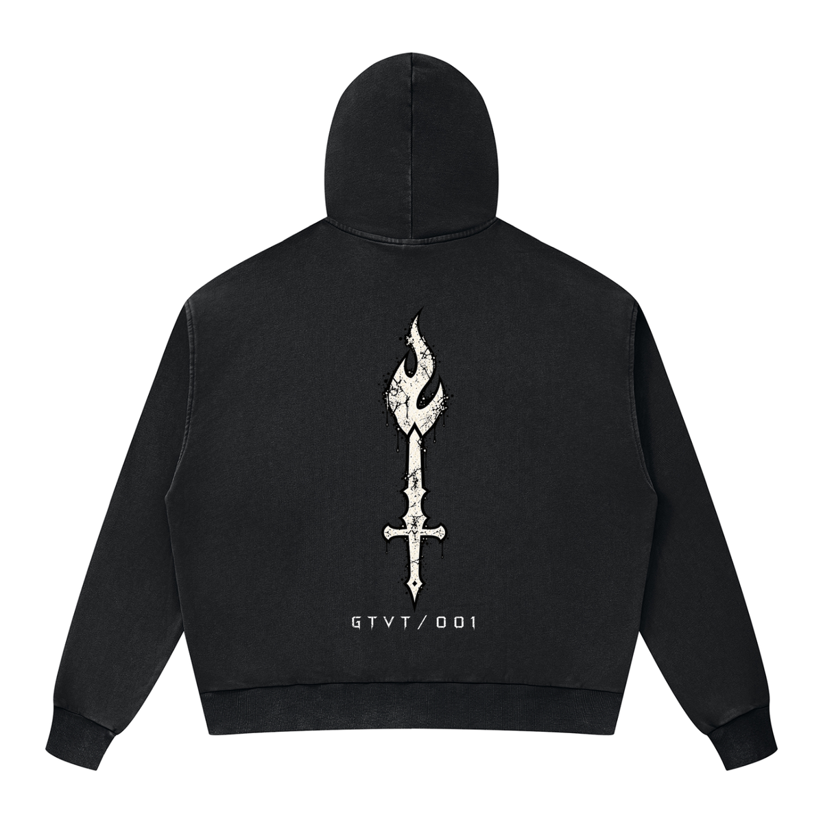 Back view of GTVT ASCEND SERIES mineral washed 350 GSM oversized boxy zip hoodie with drop shoulders