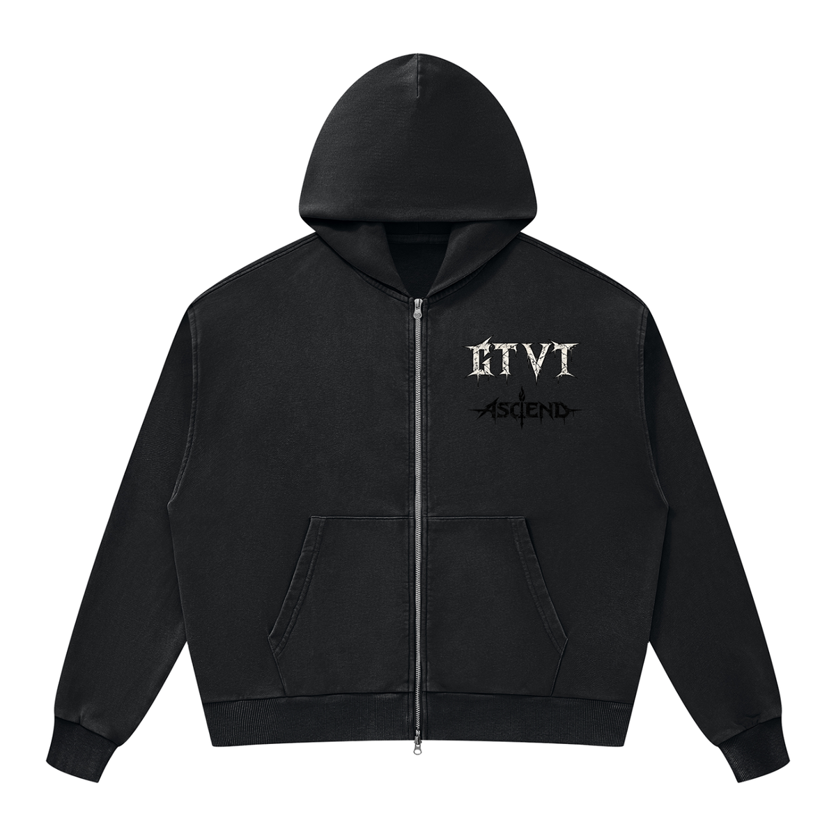 GTVT ASCEND SERIES DROP 001 mineral wash boxy full zip hoodie with vintage faded finish and oversized silhouette, front view