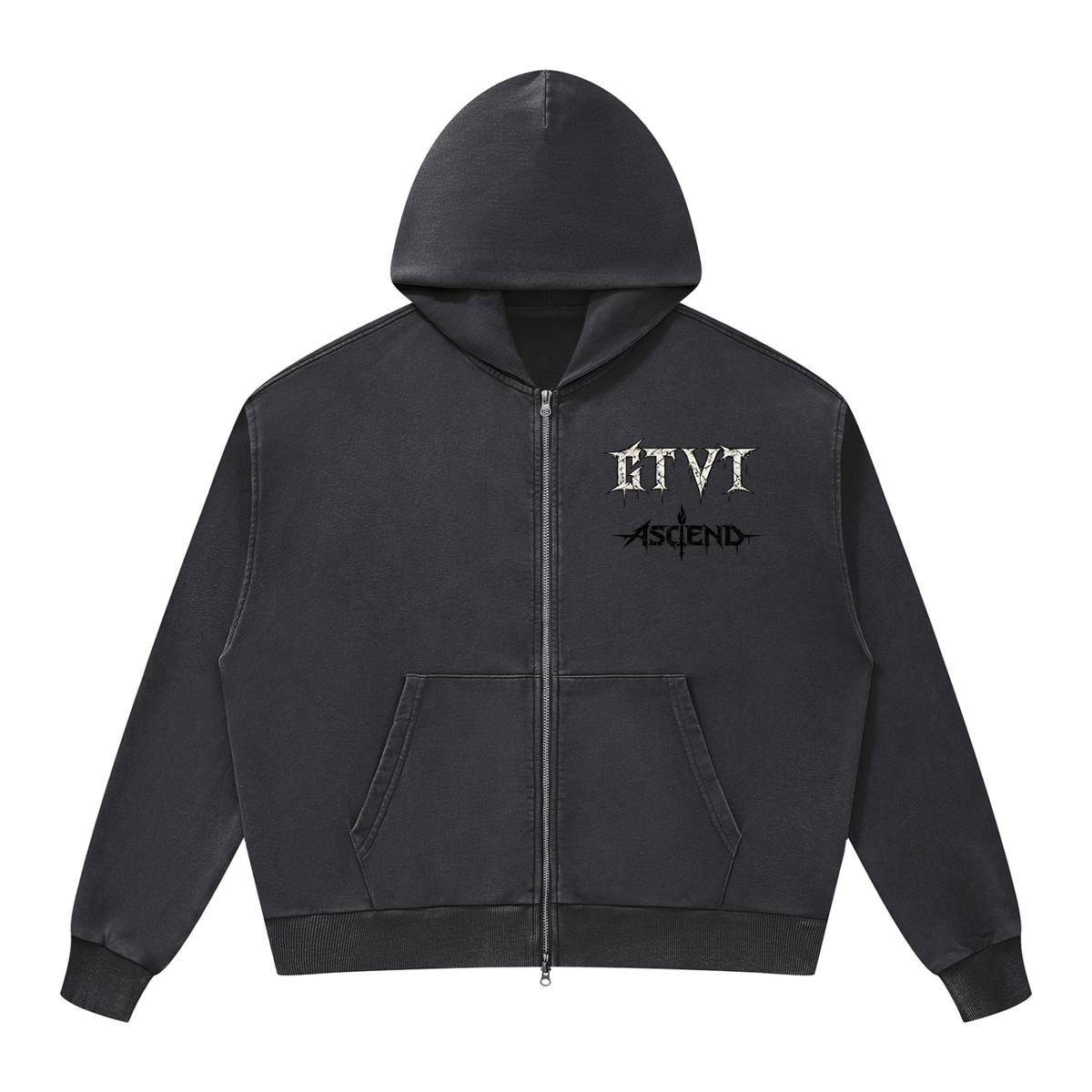 GTVT ASCEND SERIES DROP 001 mineral wash boxy full zip hoodie with vintage faded finish and oversized silhouette, front view