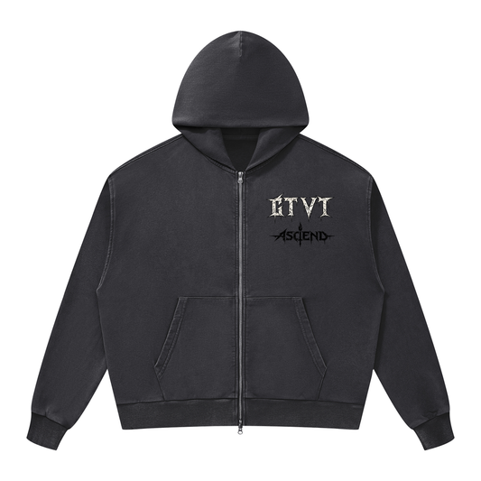 GTVT ASCEND SERIES DROP 001 mineral wash boxy full zip hoodie with vintage faded finish and oversized silhouette, front view