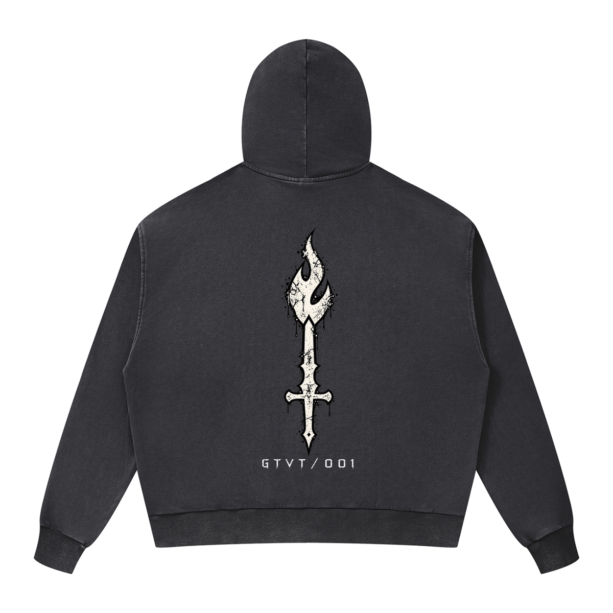 Back view of GTVT ASCEND SERIES mineral washed 350 GSM oversized boxy zip hoodie with drop shoulders
