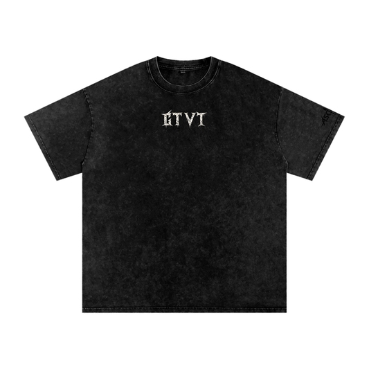 GTVT DROP 001 snow washed oversized cotton T-shirt with vintage faded finish and drop-shoulder fit, front view