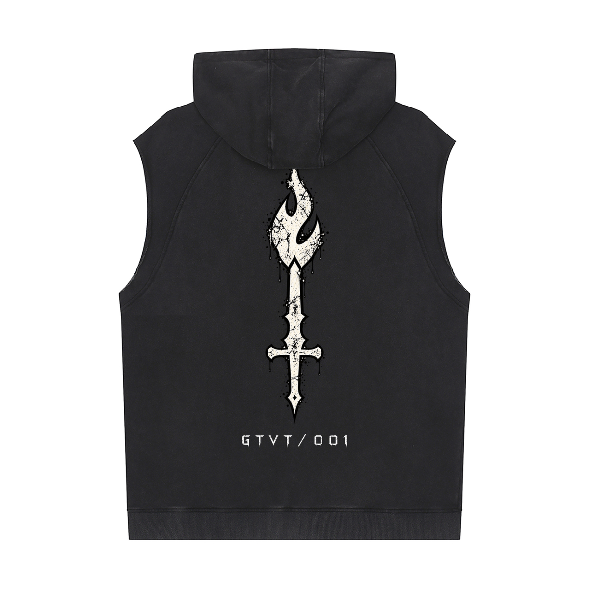 Back of GTVT DROP 001 vintage snow washed sleeveless hoodie featuring large signature sword graphic