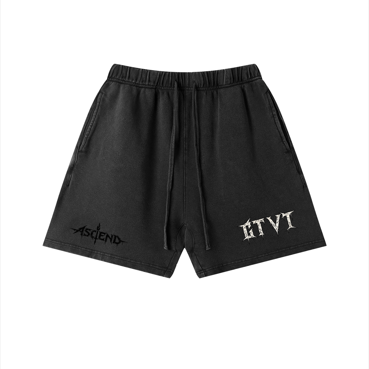 GTVT ASCEND SERIES DROP 001 vintage wash cotton shorts with relaxed Bermuda-length silhouette and drawstring waist, front view