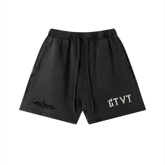 GTVT ASCEND SERIES DROP 001 vintage wash cotton shorts with relaxed Bermuda-length silhouette and drawstring waist, front view