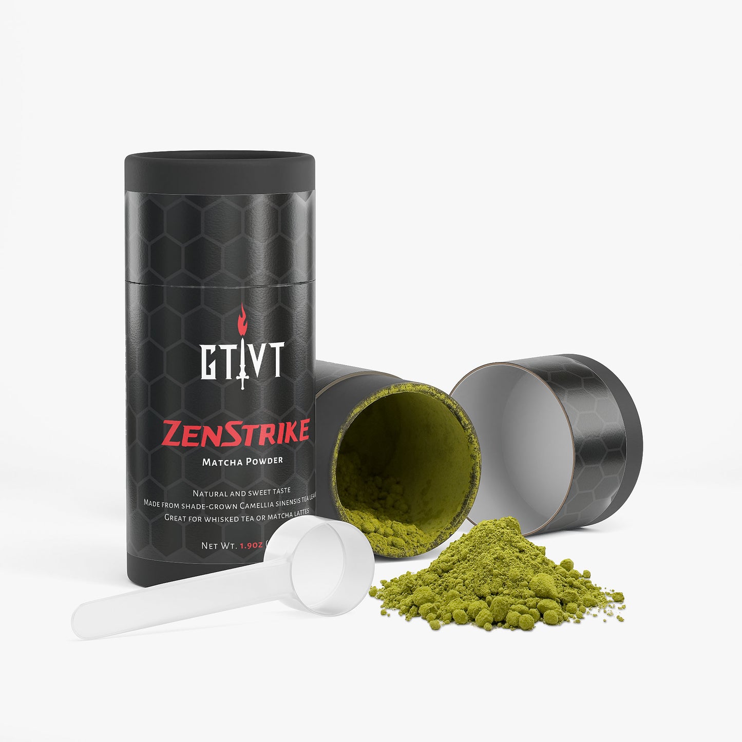 Ceremonial Matcha Powder in GTVT performance packaging - vibrant green fine milled tea.