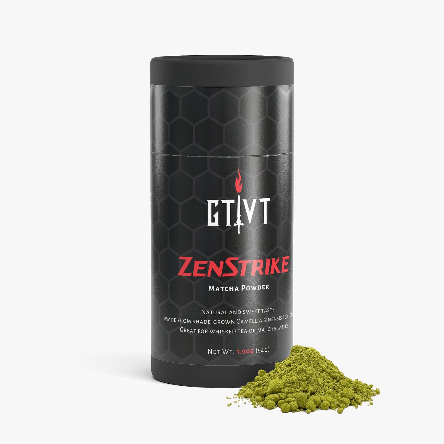 Ceremonial Matcha Powder in GTVT performance packaging - vibrant green fine milled tea.