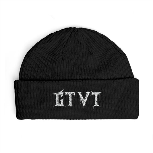 GTVT ASCEND SERIES Gothic embroidered cuff beanie with distressed metal-inspired logo and wide ribbed knit, front view